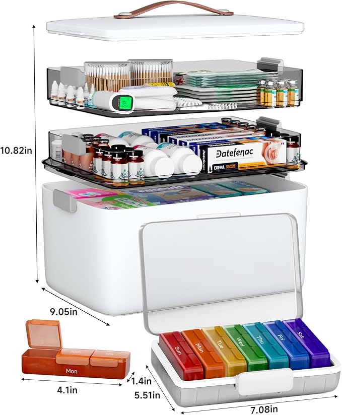CTIME 3-Tier Medicine Organizer with Pill Case - Portable Pill Case & Empty First Aid Kit for Home, Travel, RV, School, Dorm, Ideal Elderly, Father Gift