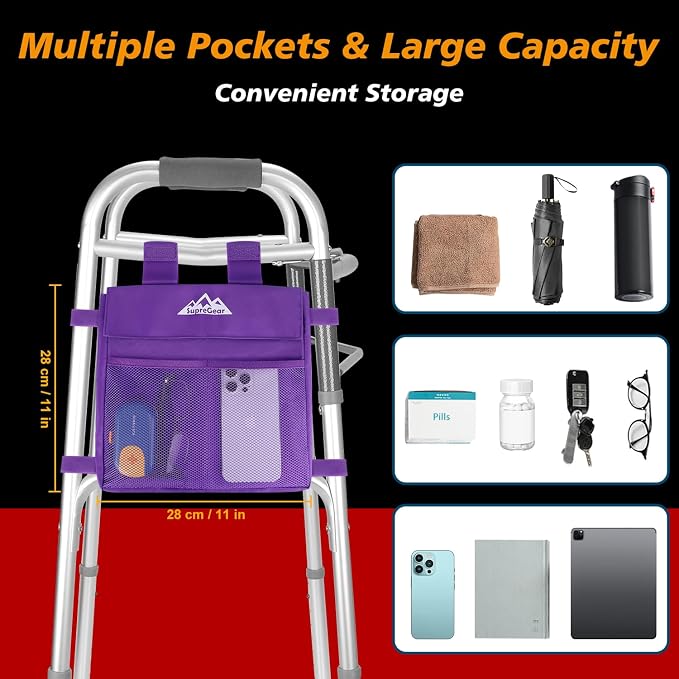 supregear Walker Side Bag, Multi Pocket Storage Pouch for Folding Walker, Water Resistant Lightweight Hand Free Carrier Tote, Universal Size Seniors Caddy Attachment