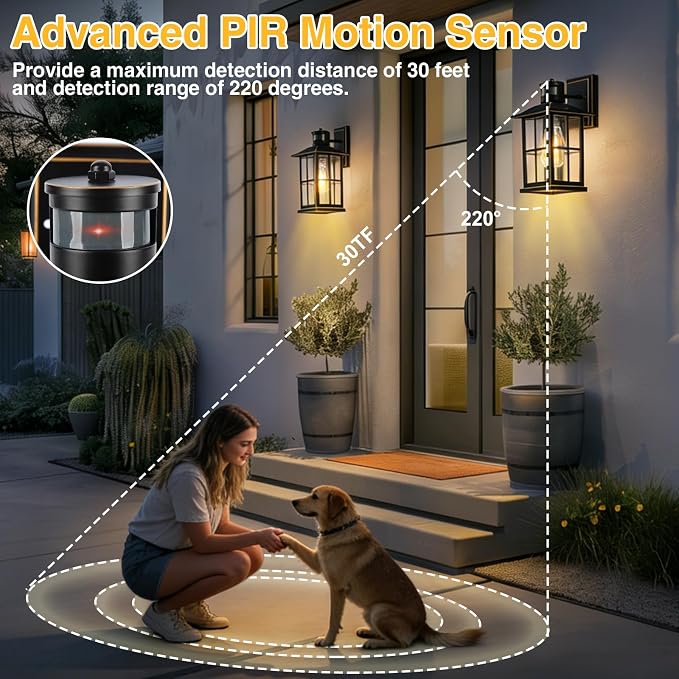 2 Pack Outdoor Motion Sensor Porch Light, Black Exterior Wall Lantern Lighting Fixtures,Dusk to Dawn Outdoor Wall Lights, Waterproof Front Porch Light Outside for Garage, Patio,House.