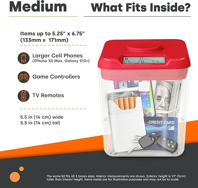 Kitchen Safe Time Locking Container (Medium), Timed Lock Box for Cell Phones, Snacks, and other unwanted temptations (Red Lid + 5.5” White Base)