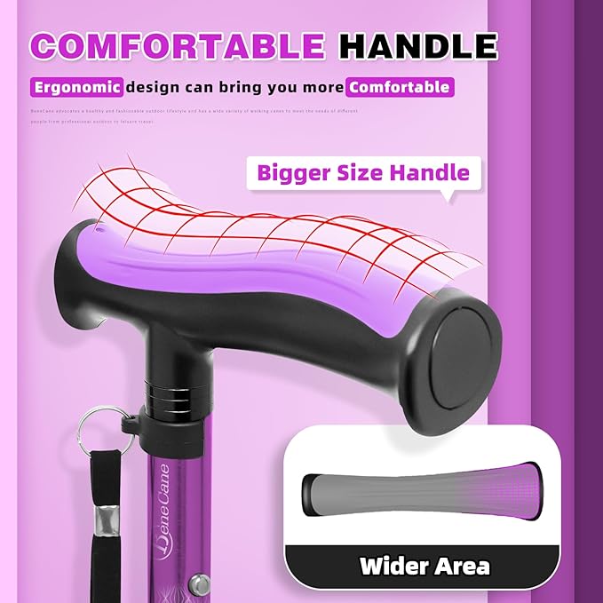 BeneCane Walking Cane for Men & Women Walking Stick for Seniors Folding Canes Quad Cane Adjustable Lightweight Sturdy Collapsible Heavy Duty with Soft TPR T-Handle and Travel Bag