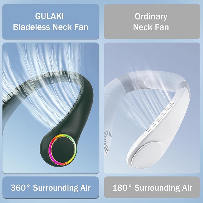 Portable Neck Fan, Personal Fan with 4000mAh Battery, Rechargeable Neck Fan with 3 Speeds and 64 Cool Lights, Birthday Gifts for Men Women Mom Dad, Hands Free Cooling fan for Summer(Dark Green)