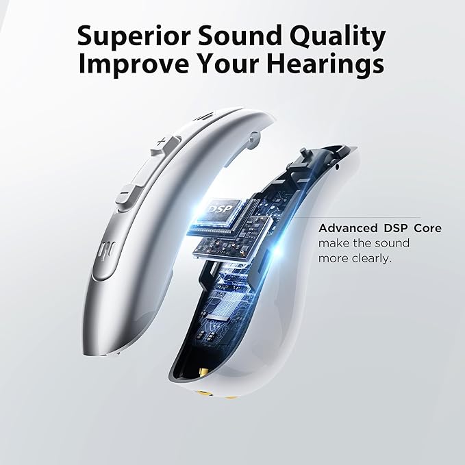Rechargeable OTC Hearing Aids for Seniors & Adults （NewHear ）16-Channel Digital Sound, Smart Noise Cancellation, Super Mini Invisible BTE Design, Charging Case, 5-Day Battery, Light Gray