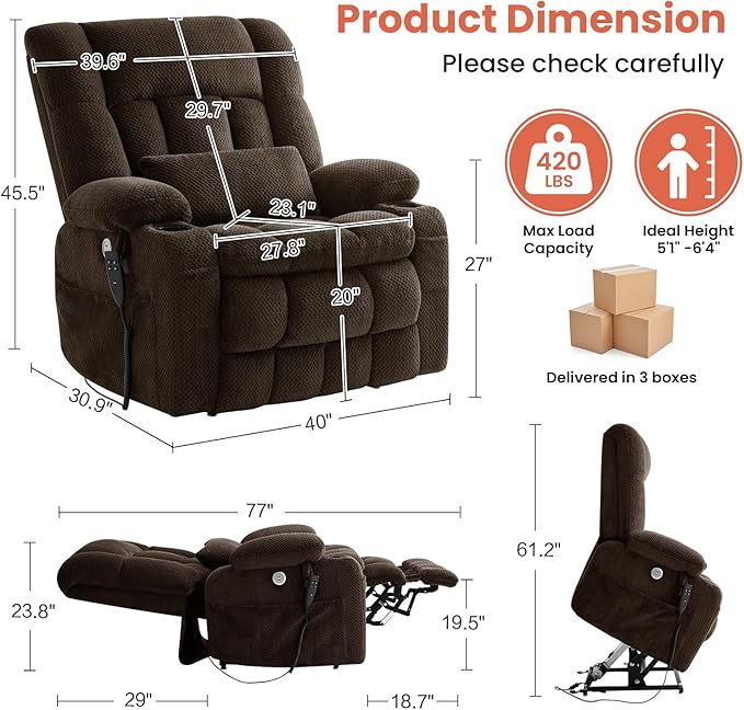 Dual Motor Power Lift Recliner Chair for Elderly, Infinite Position Lift Chair for Elderly W/Massage & Heat, Lay Flat Lift Recliner With Cup Holders, One-Touch Reset, Lumbar Pillow, Fabric (Brown)