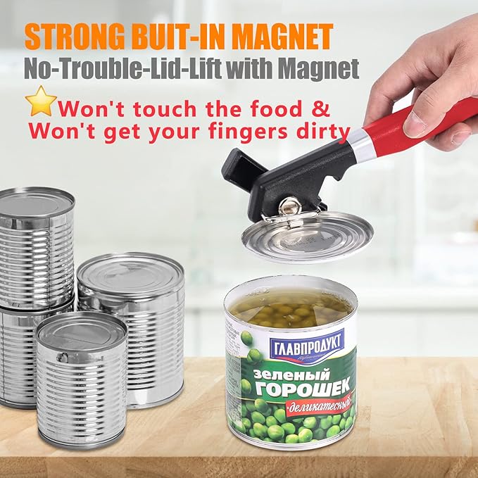 2 in 1 Safety Can Opener Manual Smooth Edge & Bottle Opener, No-Trouble-Lid-Lift Manual Can Opener with Magnet, Large Rubber Handle & Stainless Steel Blade, Side Cut Hand Can Opener for Kitchen (Red)