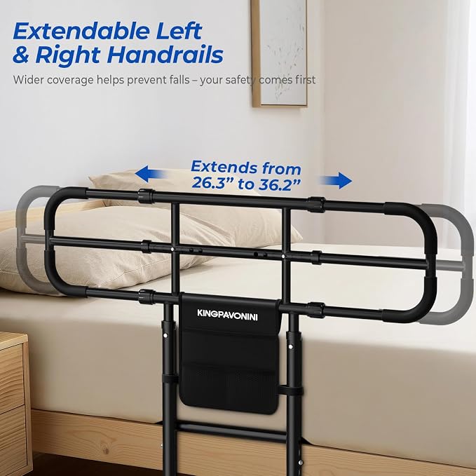 KingPavonini Bed Rail with Ultra-Wide Extendable Handle, 400 LB, Model GL05 | ASTM-Approved, Bed Rails for Elderly Adults Safety, 4-Point Dual Support, Tool-Free Bed Rails for Seniors & Post Surgery