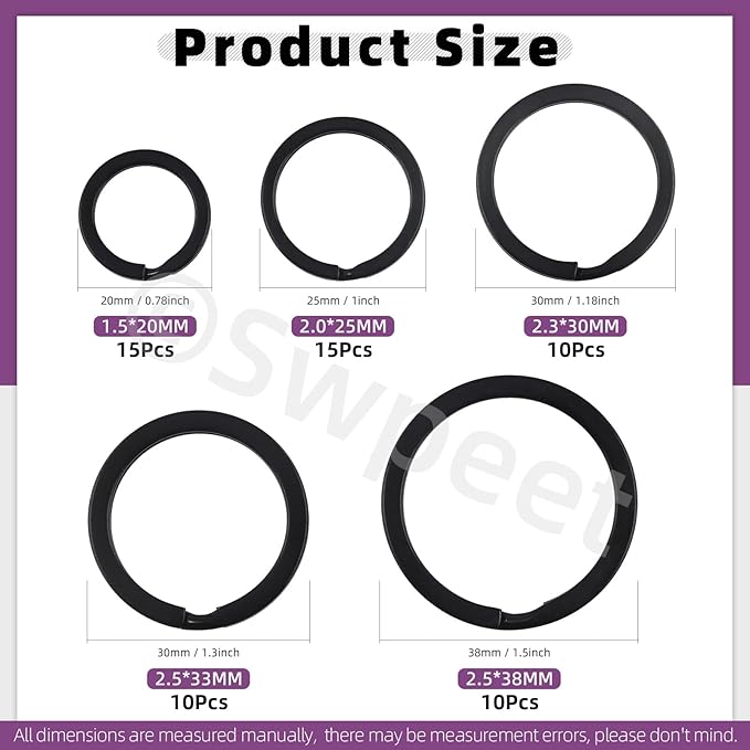 Swpeet 60 Pcs Black Assorted Multi-Purpose Metal Keychain Rings Split Keyrings Flat O Ring for Home Car Keys Attachments Keys Pendants - 20mm, 25mm, 30mm, 35 mm, 38 mm