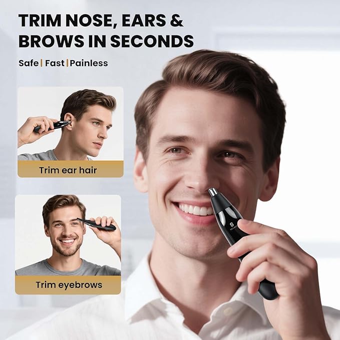 Ear and Nose Hair Trimmer for Men, 2026 Professional Painless USB Rechargeable Eyebrow & Facial Electric Hair Trimmer for Men Women, Powerful Motor, Dual Edge Blades, IPX7 Waterproof, Cool Gray