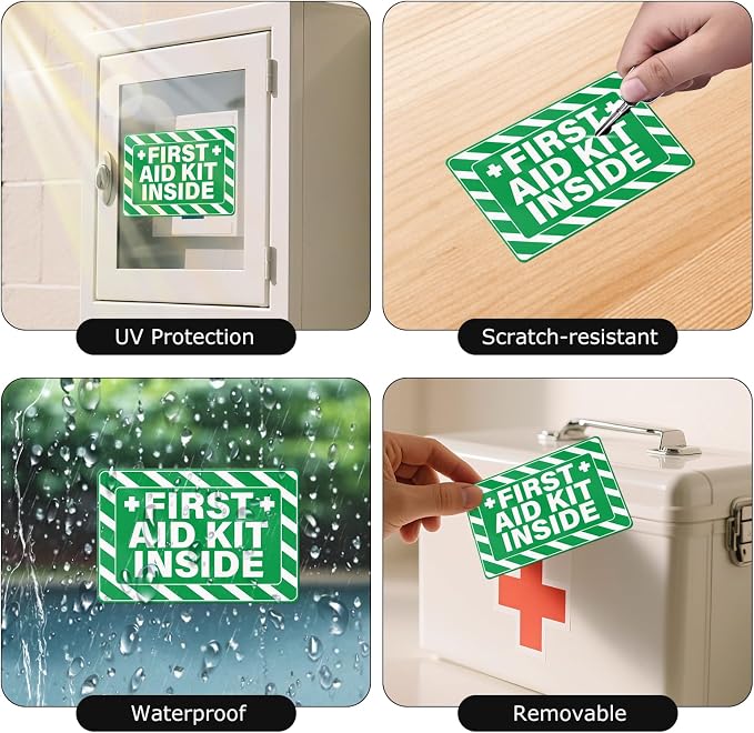 10 PCS Emergency First Aid Kit Inside Stickers 6 × 4 Inches | Vinyl, Strong Adhesion, Waterproof, Weatherproof, Self Adhesive, Peel and Stick, Ideal for Truck, Equipment, Business, Office