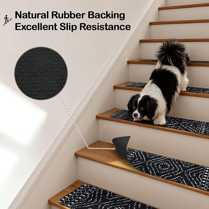 OJIA Boho Stair Treads Non-Slip Stair Runners for Wooden Steps 15PC 30"x8" | Indoor Washable Carpet Stair Treads Stair Mats Staircase Step Treads for Kids, Elders and Dogs, Stair Covers, Black