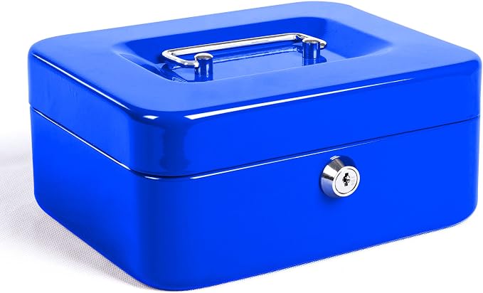Jssmst Locking Medium Steel Cash Box with Money Tray,Lock Box,Blue