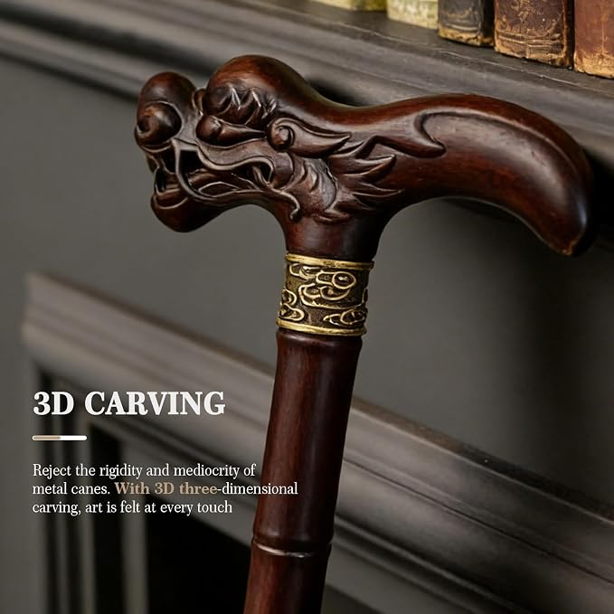 Wooden Walking Cane, 3D Dragon Engraved Cane Support up to 400 lb, Canes for Seniors Men Women of Different Heights