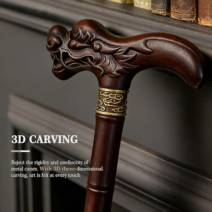 Wooden Walking Cane, 3D Dragon Engraved Cane Support up to 400 lb, Canes for Seniors Men Women of Different Heights