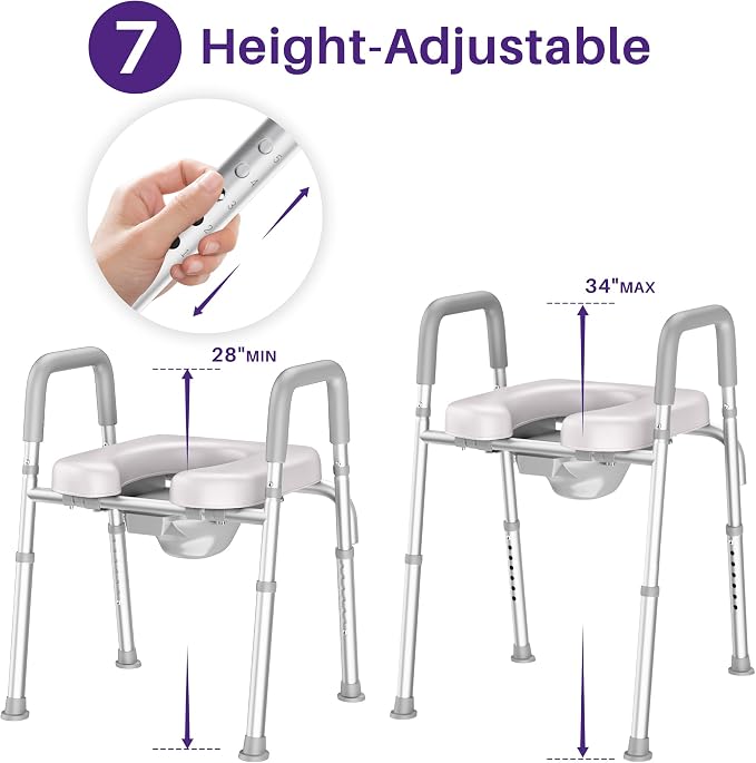 KEKOY Toilet Seat Risers for Seniors, Adjustable Size, Bedside Commode | Padded Elevated with Handles,Fits Most Heights Builds,Tool Free Install, Fits Most Round Elongated Toilets for Handicap, Grey