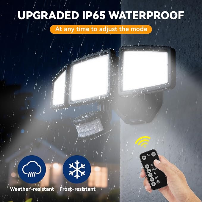 LED Security Lights Motion Sensor Light Outdoor, 7000LM, 6500K, Waterproof, Flood Light Outdoor Motion Detector with Adjustable 3 Head, Hardwired Wall Light for Entryway, Yard, Garage