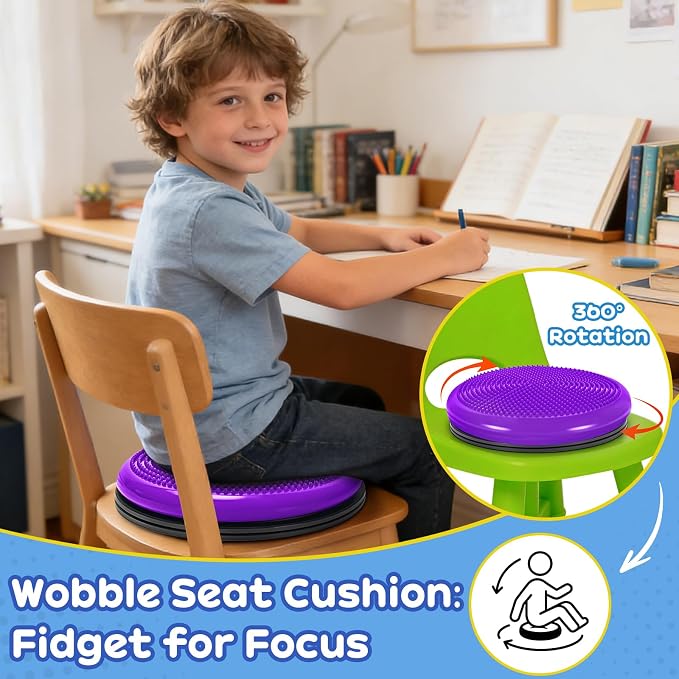 Wobble Cushion, Fimeetoy 360°Spinning Wiggle Seat, ADHD Sensory Chair,Flexible Seating in Classroom & Home,ADHD Tools for Kids,2-in-1 Detachable Balance Pad,Fidget for Focus-Purple