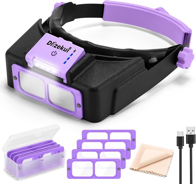 Dilzekui Rechargeable Magnifying Glasses for Close Work 1.5X to 3.5X Lenses | with Adjustable Light,Opitcal Acrylic Lens, Lightweight Magnify Headset, Handsfree Head Magnifier for Jewelers Hobbies Crafts