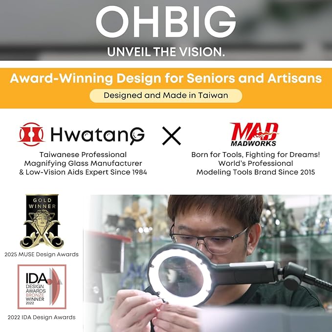 HWATANG OHBIG x MADWORKS 2.3x/5D/100mm Dimming Toning LED Magnifying Glass - K9 White Glass, Model Assembly, Soldering, Ra 94 Ring Light, 60+ Seniors Reading Magnifier (w/Desk Clamp Kit)