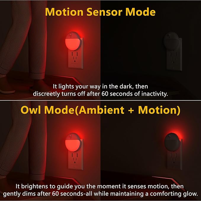 2 Pack Plug in Red Sleep Night Light with Motion Sensor and Dusk to Dawn Sensor, 3 Modes, Soft Glow, Stepless Dimming, LED Lights for Bedroom, Sleep, Baby Nursery, Kids, Toddler, Home Decor