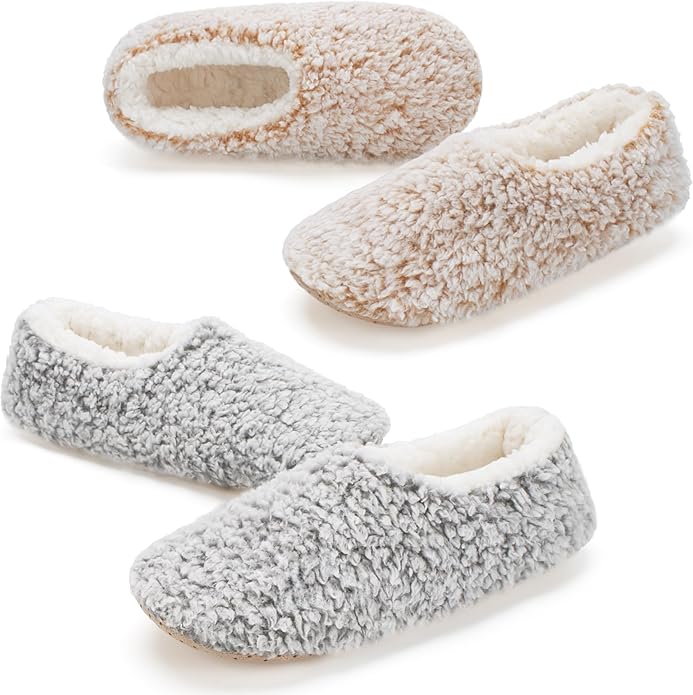 cosyone1997 2-Pair Thick Warm Fuzzy Slippers for Women Indoor Fluffy Sherpa Lined, Winter House Shoe Socks Non-Slip Soft Soles, Cozy Christmas Gifts