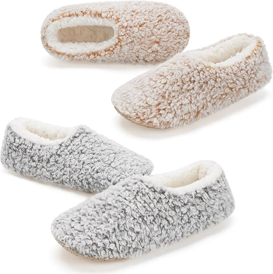 cosyone1997 2-Pair Thick Warm Fuzzy Slippers for Women Indoor Fluffy Sherpa Lined, Winter House Shoe Socks Non-Slip Soft Soles, Cozy Christmas Gifts