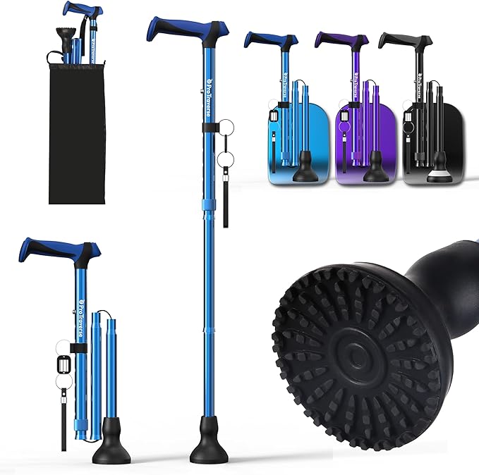 Walking Cane for Men & Women,Foldable,Adjustable,Self Standing Cane with Wrist Strap&Tag,350lbs Heavy Duty,All Terrain,Collapsible Walking Sticks for Seniors & Adults,Blue