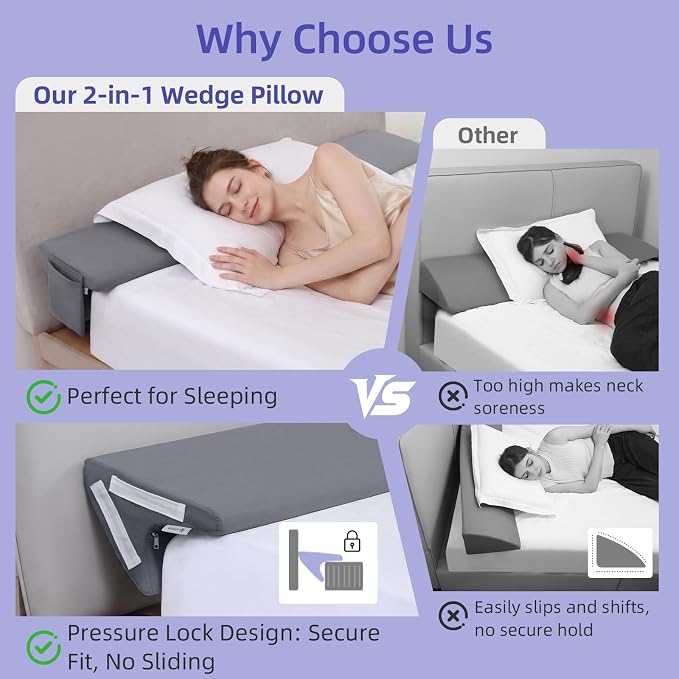 Vekkia King Bed Wedge Pillow for Headboard Gap, Mattress Gap Filler Pillow to Cover 0-6" Gap, Bed Wedge Gap Filler with High-Density Foam, Removable Washable Cover, Gray, 76"x10"x8.5"