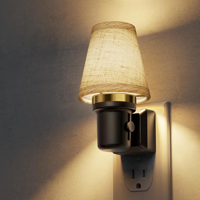 L LOHAS LED Night Lights Plug into Wall, Linen Fabric Night Light | Round Platform Decor Vintage Nightlight with Dusk to Dawn Sensor,0-100LM Dimmable,for Bedroom Living Room Hallway