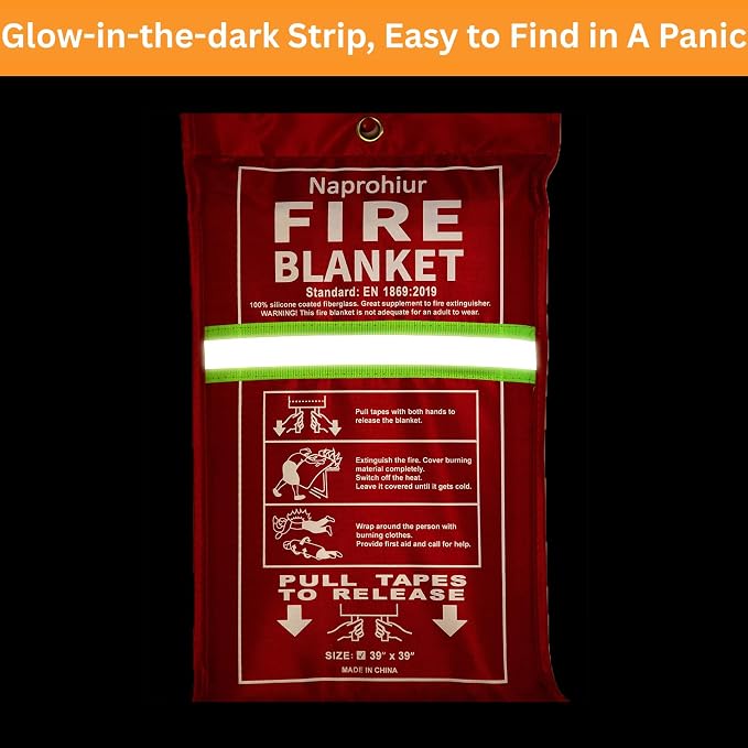 Emergerncy Silicone Fire Blanket for Home and Kitchen, 2 Pack 40"x40" Skin-friendly Fireproof Blanket, Glow-in-the-dark, Fire Retardant Suppression Compatible with Extinguisher