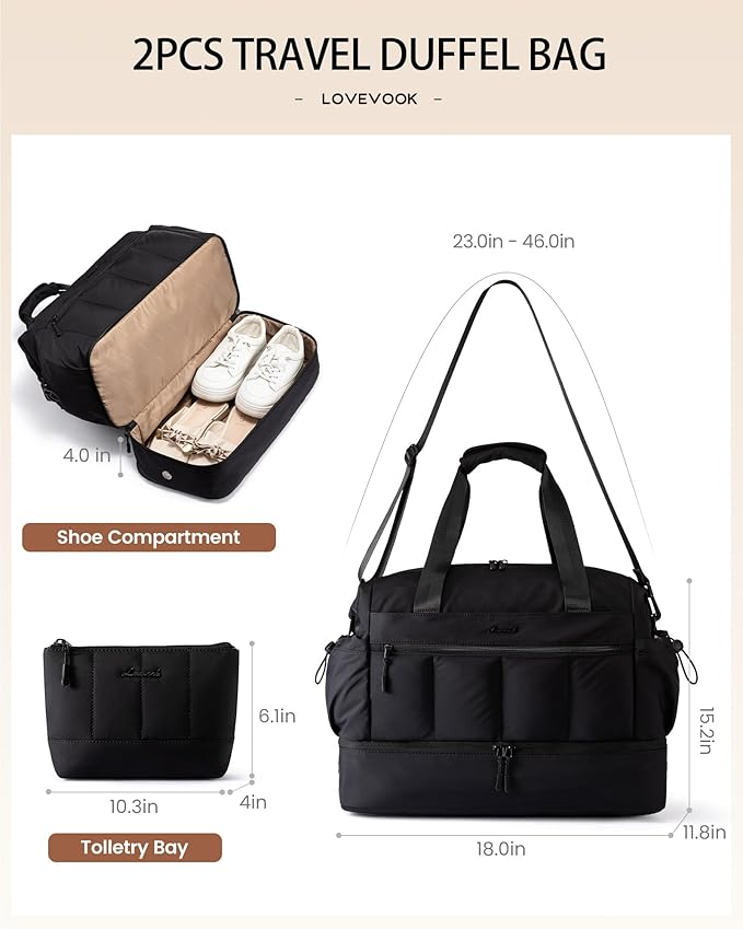 LOVEVOOK Travel Duffel Bag, Gym Bag for Women, Large Weekender Overnight Bags with Shoe Compartment, 38L Carry on Gym Hospital Bag with Wet Pocket, 2 Pcs