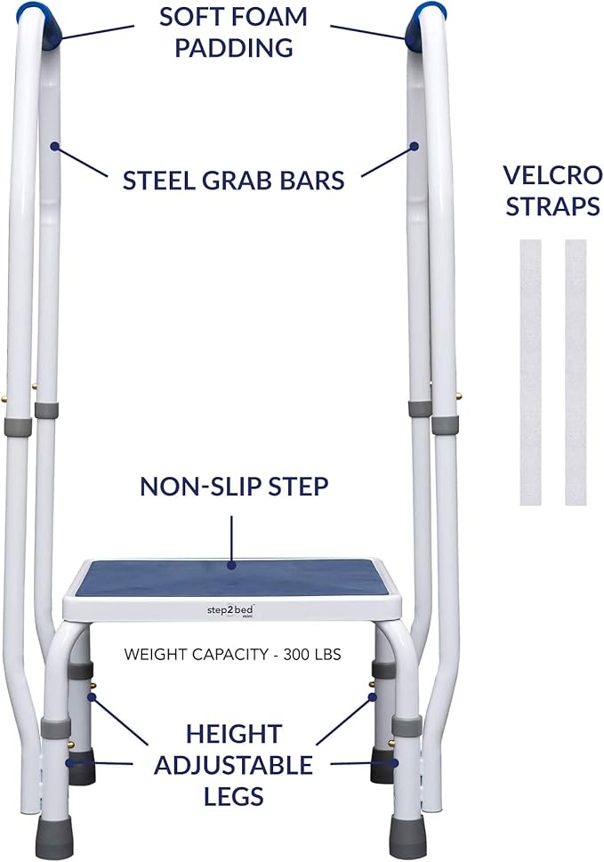 step2bed Mini Step Stool with Handle for Elderly - Adjustable Height Bed Safety Rail for Seniors with Handicap Grab Bars - Stainless Steel Portable Step Stool for Bed (300 LBS Capacity)