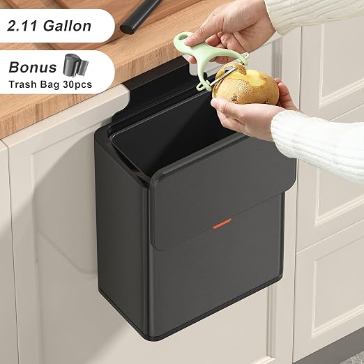 Mbillion 2.1 Gal Brushed Black Hanging Stainless Steel Compost Bin | 8L trash can with lid, cabinet & under sink door mount design, for kitchen, RV and bathroom food waste storage