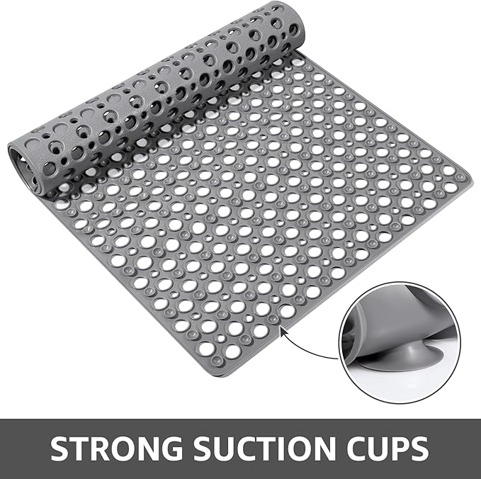 Yolife Large Shower Mat, 35 x 24 inch Non Slip Shower Mats for Inside Shower with Drain Hole, No Odor Soft TPE Shower Floor Mat, Extra Large Non Slip Shower Mat with Suction Cups, Grey