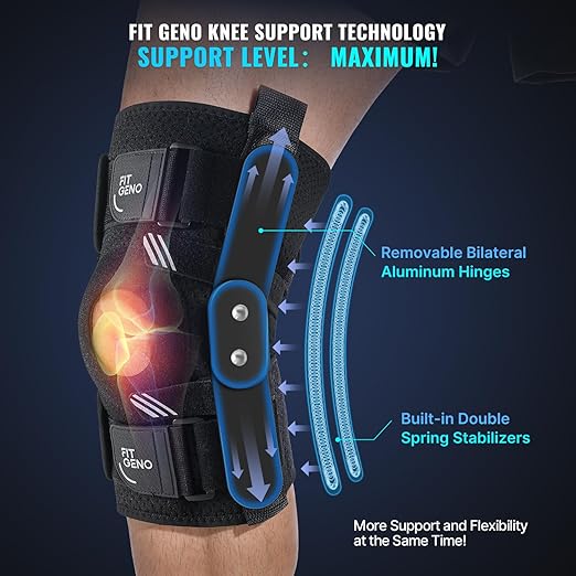 Fit Geno Hinged Knee Brace for Meniscus Tear: Adjustable Knee Support for Knee Pain w/Side Stabilizers & Hinges for Injury or Surgery Recovery - Men and Women