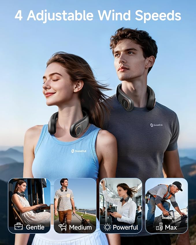 SWEETFULL Portable Neck Fan: 5200mAh Bladeless Personal Fan | 4 Speeds, 20H Max Runtime, No Hair Twist Quiet Wearable Fan for Travel | Birthday Gifts for Men Women Mom Dad