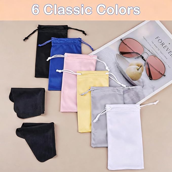 6 Pcs Premium Microfiber Sunglasses Pouch Bag, Glasses Case Soft Multicolor | With 2 Cleaning Cloths, Drawstring Storage Pouch for Phone, Eyeglass Holder, Eyewear