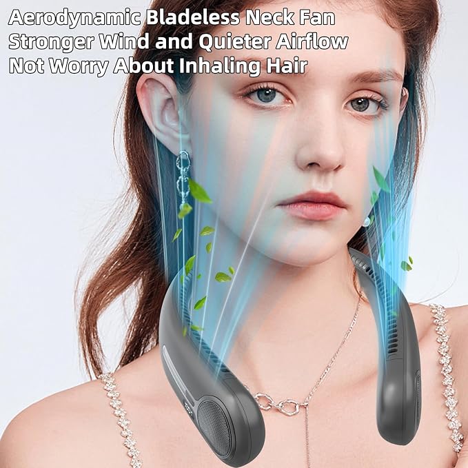 Portable Neck Fan, Personal Wearable Bladeless Fan, 6000mAh USB Rechargeable, 360° Airflow, LED Display, 4-Speeds, Hands Free Fan for Outdoor Indoor, Birthday Gifts for Men Women Dad Mom (Dark grey)