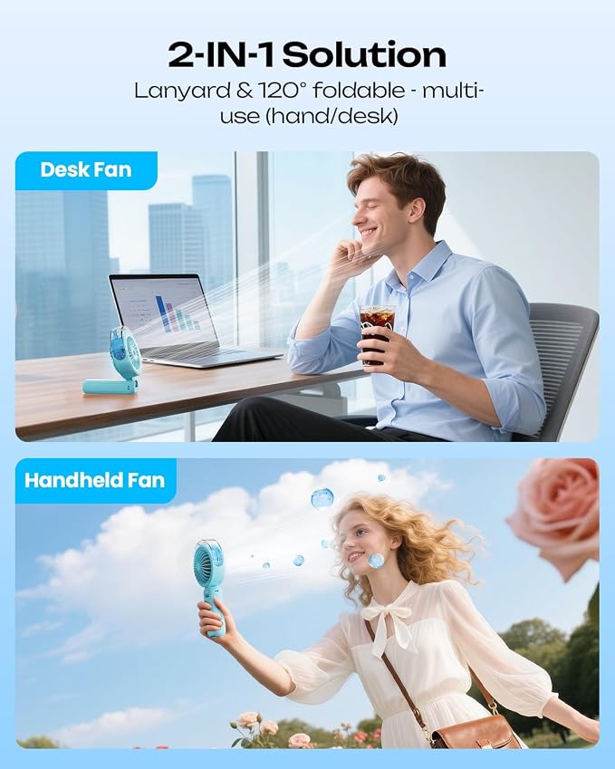 Otlonpe Handheld Misting Fan Portable, Powerful 4 High Speeds Rechargeable Small Hand Held Fan Water Mist, 4000mAh Battery Operated, Foldable, Lanyard, Personal Cooling for Travel Men Wome