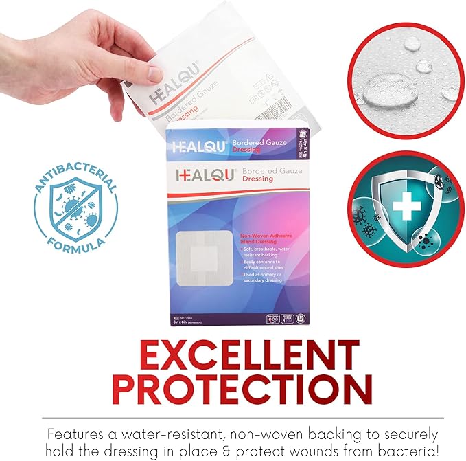 HEALQU Bordered Gauze Island Dressing - Sterile Individually Wrapped Gauze Pads with Water-Resistant, Non-Woven Backing (4"x10" - 2"x7.5" Pad (30 Pack)