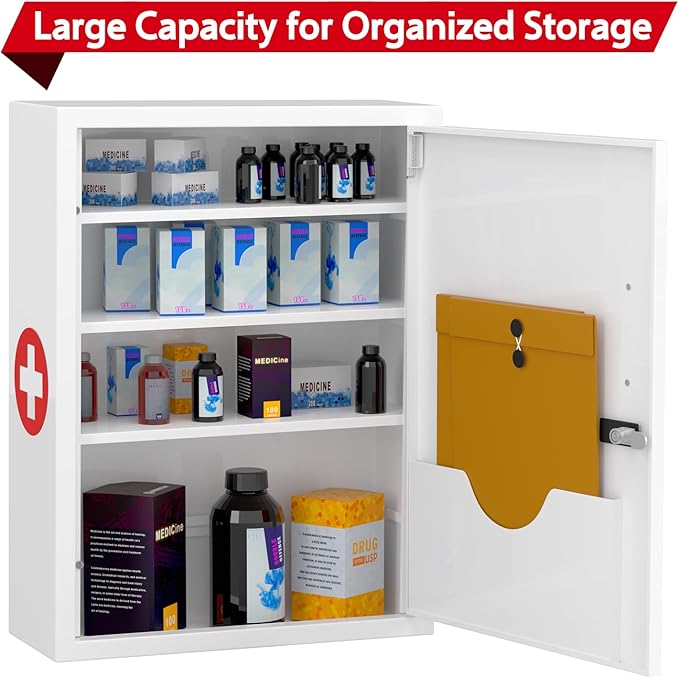 Wall-Mount Locking Medicine Cabinet: Large Metal Storage Organizer Box with Combination & Key Lock - Secure First Aid Medicine Cabinet for Bathroom Home Office(20.6" H x 15.75" W x 5.98" D)