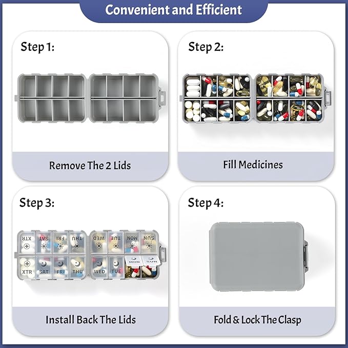 Foldable & Portable Pill Organizer 2 Times A Day with Extra Compartments - Etched Labels - Weekly 7 Day AM PM Medicine Box, Week Daily Travel Pill Case Holder Dispenser for Vitamin, Supplement - Grey
