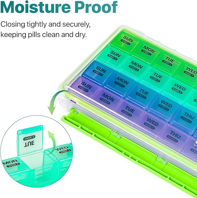Sukuos Monthly Pill Organizer 4 Week, Large Pill Box Moisture/Dust-Proof Cases for Month Vitamin/Fish Oil/Supplements with Clear Lid, Easy to Open & Clean