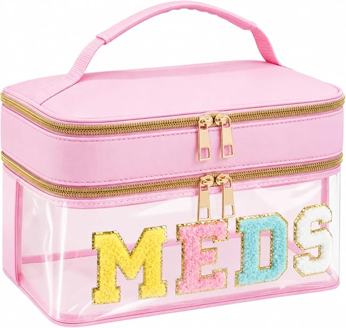 Geetery Double Layer Meds Makeup Bag with Chenille Letter, Clear Travel Medicine Bag for Women, Dual Compartment Cosmetic Organizer, Transparent Toiletry Pouch for Travel, Pink Pill Organizer Case