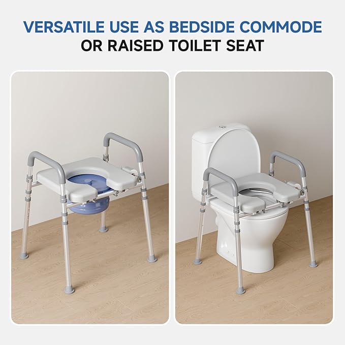 Bedside Commode with Bucket for Seniors, Toilet Chair with Padded Handles & Seat, 400 LBS Bedside Toilet with Adjustable Height & Width for Pregnant, Disabled, Handicapped,(Gray)