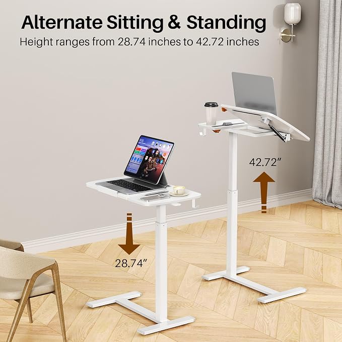 Overbed Table with Wheels, Pneumatic Height and Tilting Desktop | Top Tilts 0-60° with Anti-Slip Stops, Hook, Capacity 66 lbs, 1.18 in Low-Profile Base Slides Easily Under Beds and Sofa