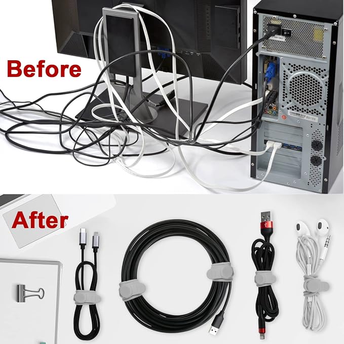 16Pcs Silicone Cable Ties Cord Organizer for Bundling Earphone, Phone Charger, Computer Cords, Reusable Wire Cable Management in Home,Office,Kitchen,School,Travel (Grey)