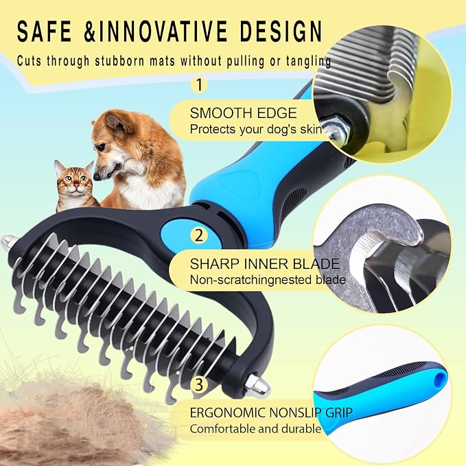 Pet Grooming Rake for Dogs & Cats - Double-Sided Deshedding and Dematting Tool, Gently Remove 95% of Loose Undercoat & Mats for Long-Haired Pets, Painless Fur Brush for Shedding Control (Blue)