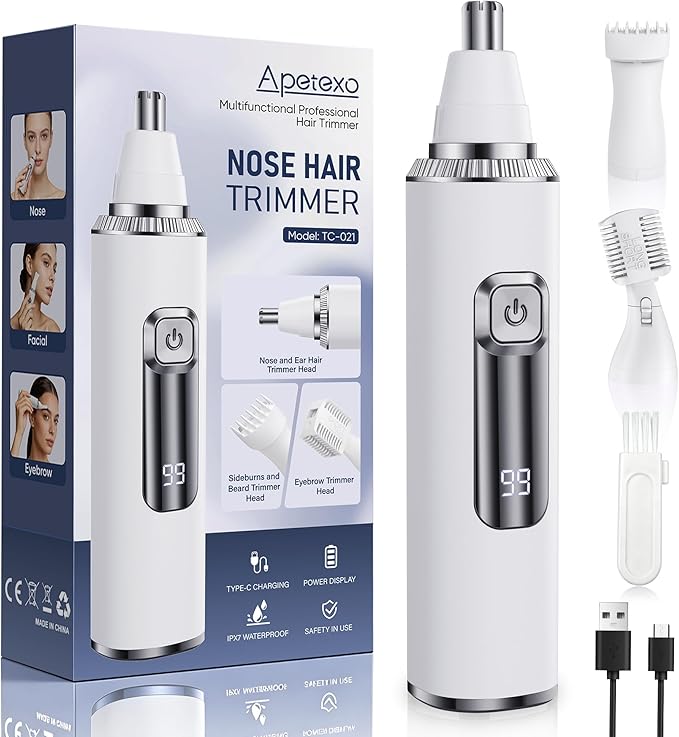 Nose Hair Trimmer for Women, 3-in-1 Painless & Gentle Trimmer for Nose, Eyebrows & Facial Hair, Type-C Rechargeable Precision Groomer with Double-Edged Blades, IPX7 Waterproof - White