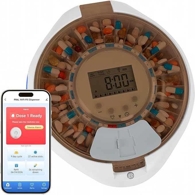 JULOS WiFi Automatic Pill Dipenser with Remote Care Monitoring for Seniors | Up to 9 Doses Per Day with Sound & Light Reminder, Top Lock Key, Ergonomic Lid Design for Elderly & Dementia Care