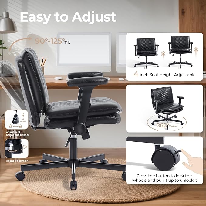 Criss Cross Chair with Flip-Up Arms and Lockable Wheels, Leather Cross Legged Office Desk Chair,Wider 125°Tilting Adjustable Swivel Computer Chair for Home, Apartment, Bedroom,Black 1